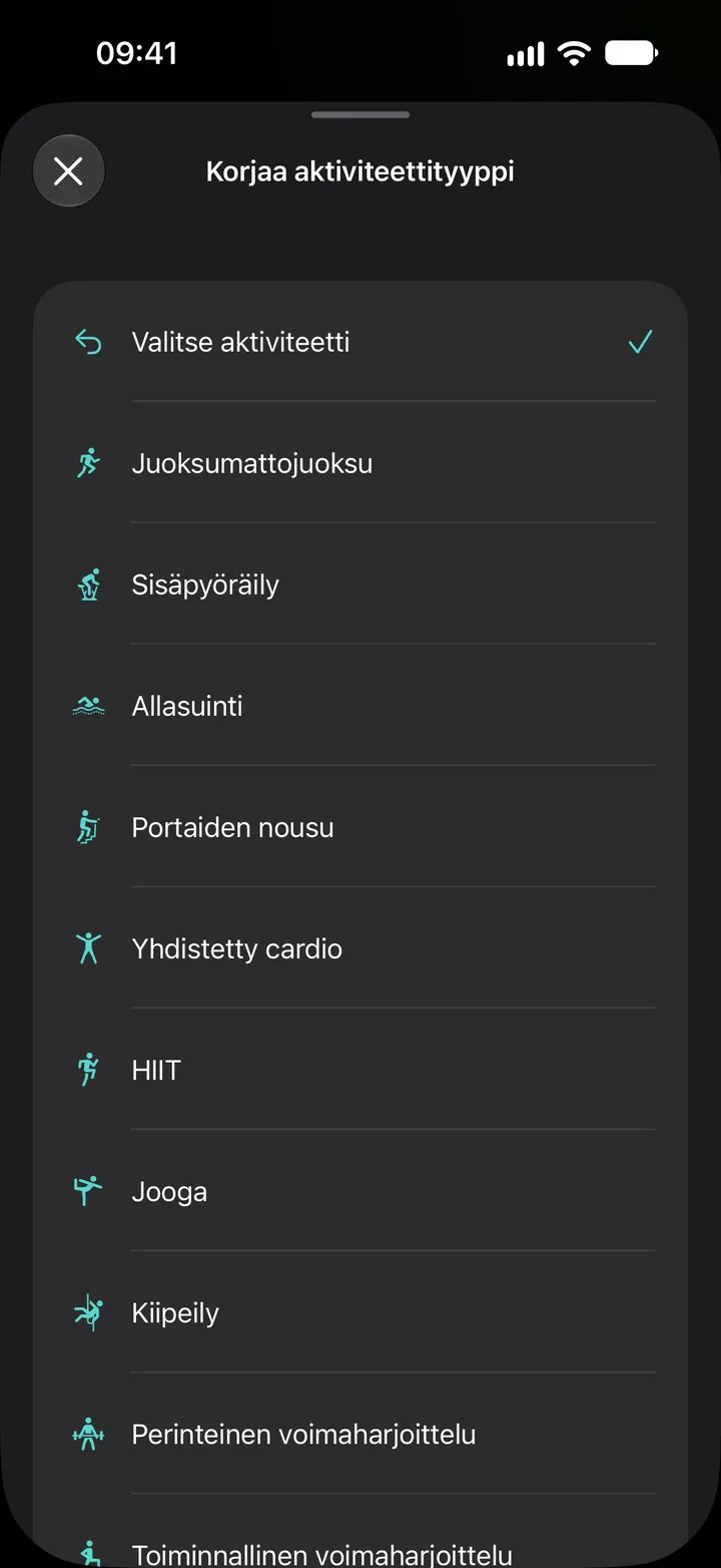 Korjaa aktiviteettityyppi -luettelo Fix My Workout -apissa: juoksumattojuoksu, sisäpyöräily, allasuinti, portaiden nousu, yhdistetty cardio, HIIT, jooga, kiipeily ja voimaharjoittelu.