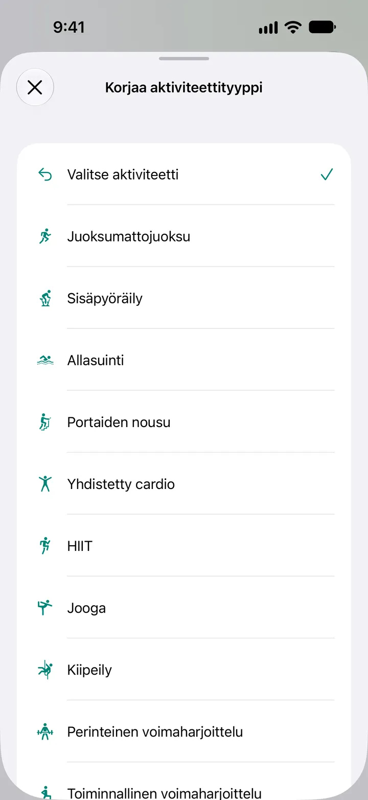 Korjaa aktiviteettityyppi -luettelo: juoksumattojuoksu, sisäpyöräily, allasuinti, portaiden nousu, yhdistetty cardio, HIIT, jooga, kiipeily ja voimaharjoittelu.