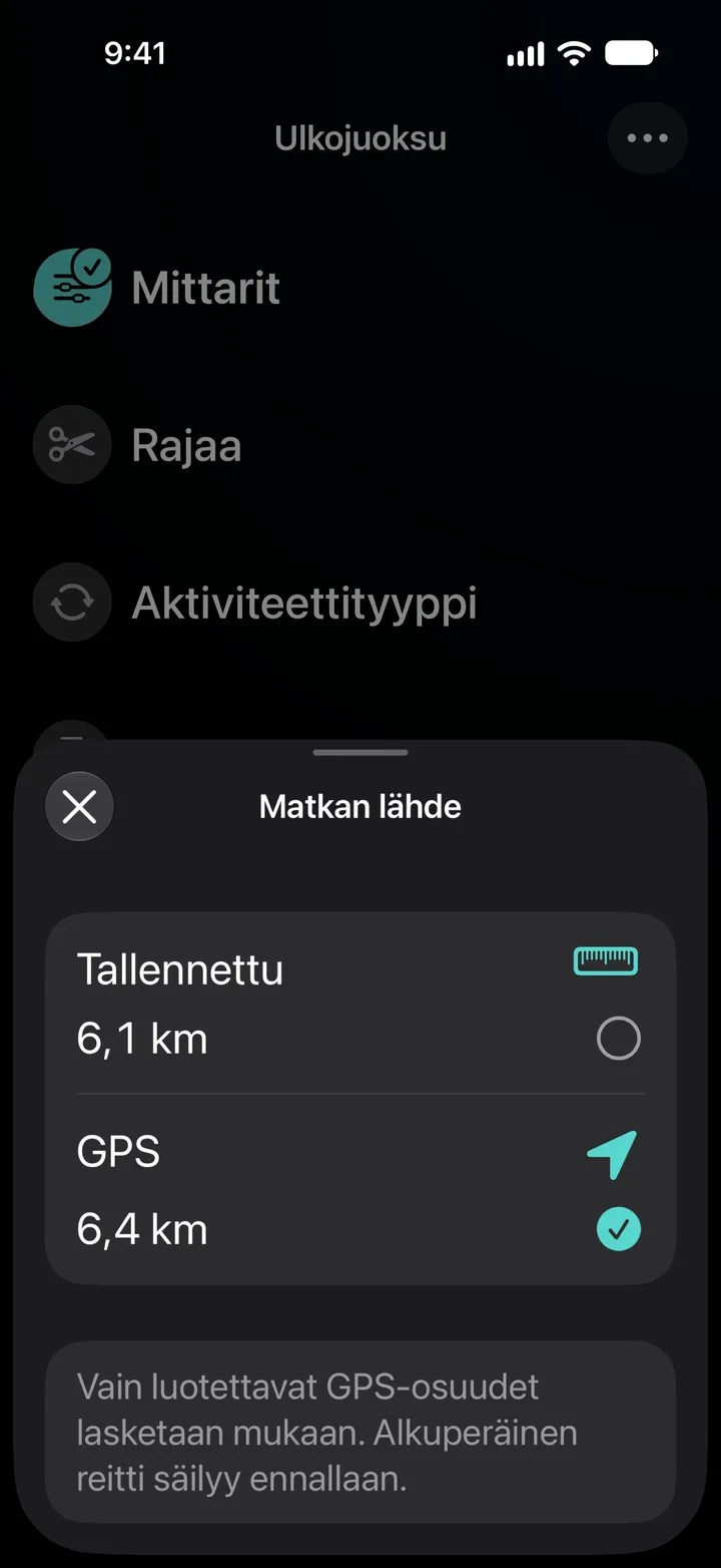 Ulkojuoksun matkan lähde: tallennettu 6,1 km tai GPS 6,4 km, GPS valittuna. Vain luotettavat GPS-osuudet lasketaan mukaan.