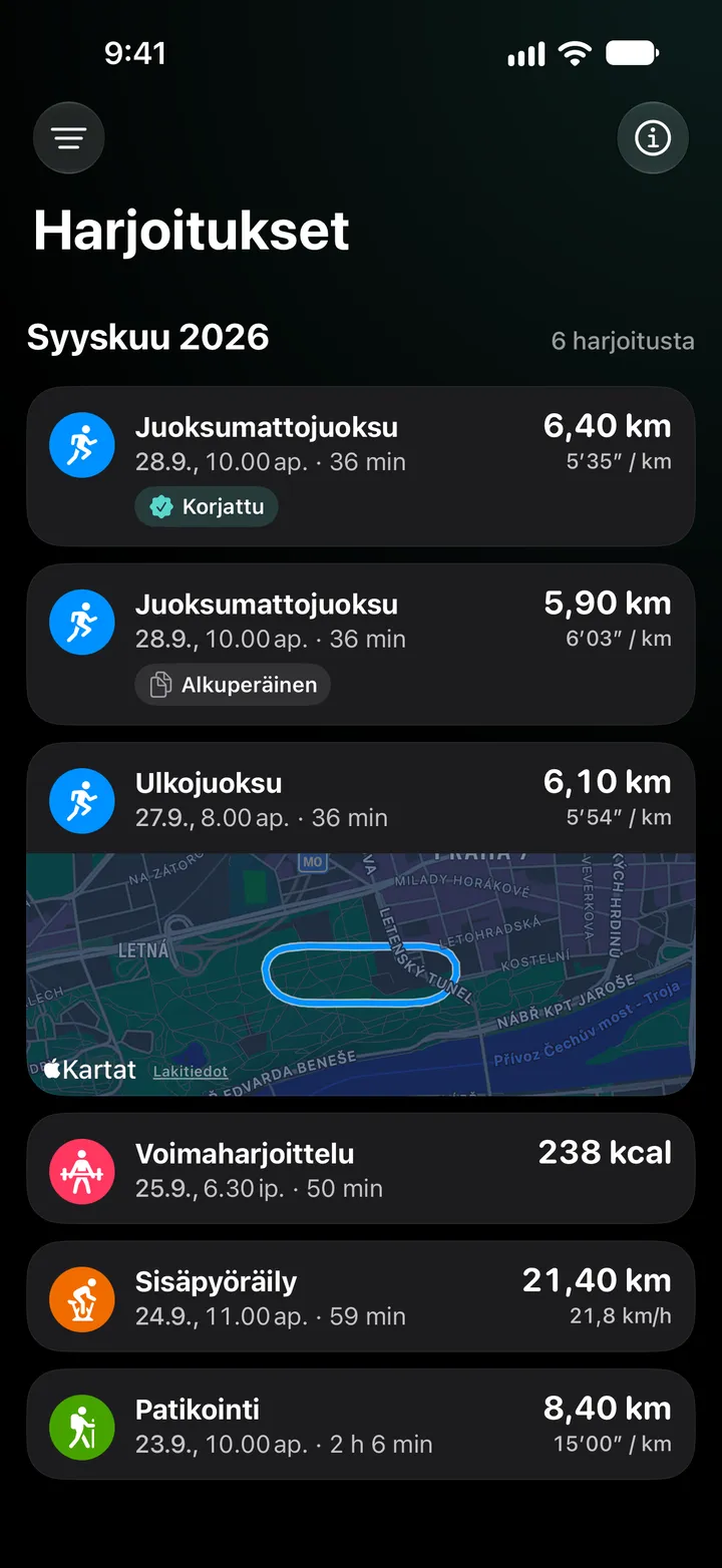 Harjoitusluettelo syyskuulta 2026: korjattu juoksumattojuoksu (6,40 km) alkuperäisen (5,90 km) yläpuolella, sitten ulkojuoksu reitteineen, voimaharjoittelu, sisäpyöräily ja vaellus.
