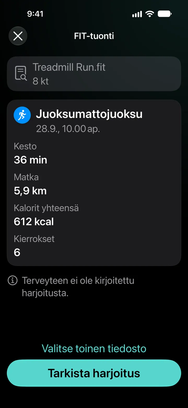 FIT-tuonnin esikatselu tiedostosta Treadmill Run.fit: 36 minuuttia, 5,9 km, 612 kcal, 6 kierrosta. Terveys-appiin ei ole kirjoitettu harjoitusta.