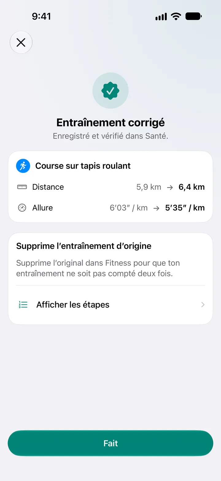 Entraînement corrigé, enregistré et vérifié dans Santé. Distance de la course sur tapis roulant passée de 5,9 km à 6,4 km, allure de 6′03″ à 5′35″ par kilomètre.