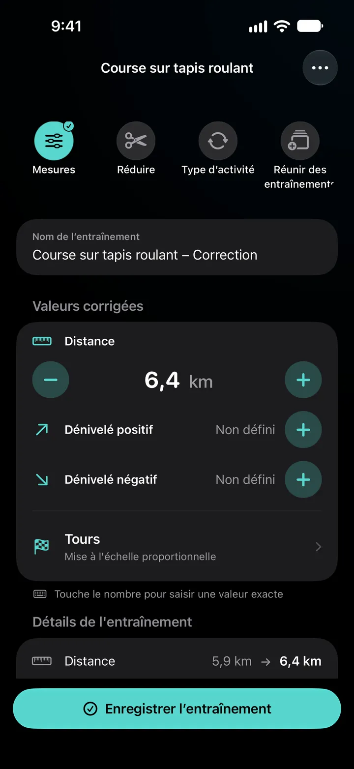 Éditeur de « Course sur tapis roulant – Correction » avec la distance réglée sur 6,4 km, les tours en « Mise à l’échelle proportionnelle » et les détails de l’entraînement passant de 5,9 km à 6,4 km.