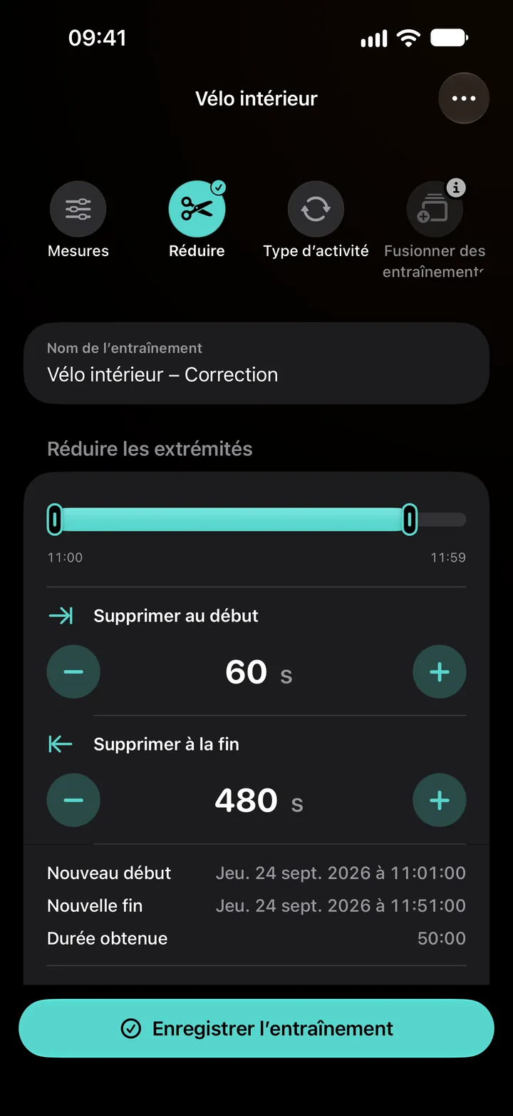 « Réduire les extrémités » sur une séance de vélo intérieur : 60 secondes supprimées au début et 480 secondes à la fin, pour une durée de 50:00.