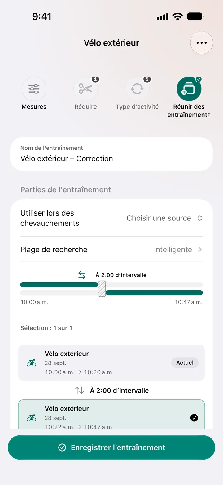 Deux sorties de vélo extérieur à deux minutes d’écart, de 10:00 à 10:20 et de 10:22 à 10:47, sélectionnées pour la fusion, avec le choix de la source à utiliser lors des chevauchements.