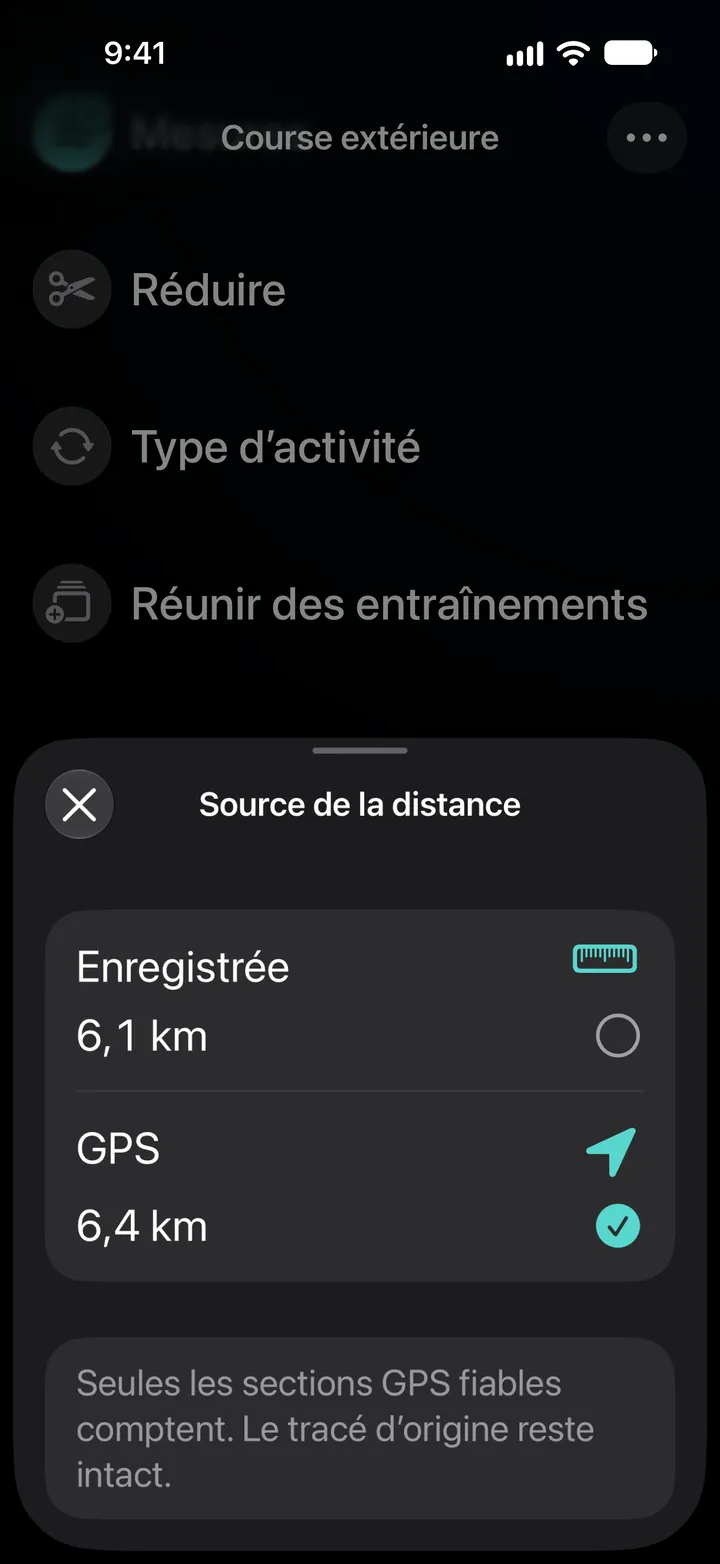 Source de la distance d’une course extérieure : 6,1 km enregistrés ou 6,4 km par GPS, GPS sélectionné. Seules les sections GPS fiables comptent.