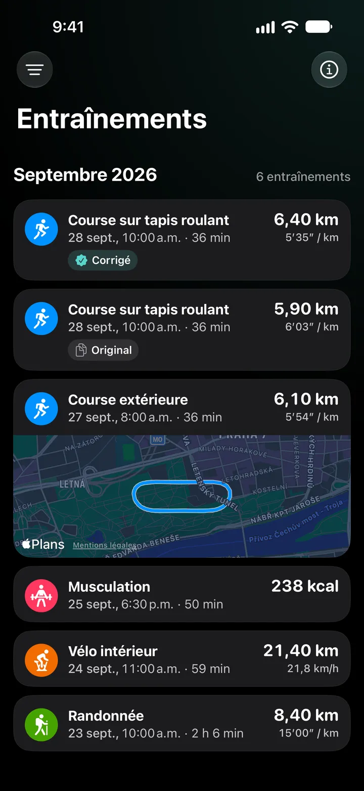 Liste des entraînements de septembre 2026 : la course sur tapis roulant corrigée (6,40 km) au-dessus de l’original (5,90 km), puis une course extérieure avec son itinéraire, une séance de musculation, du vélo intérieur et une randonnée.