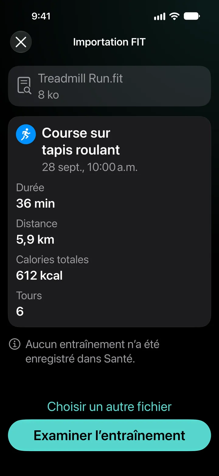 Aperçu de l’importation FIT de Treadmill Run.fit : 36 minutes, 5,9 km, 612 kcal, 6 tours. Aucun entraînement n’a été enregistré dans Santé.