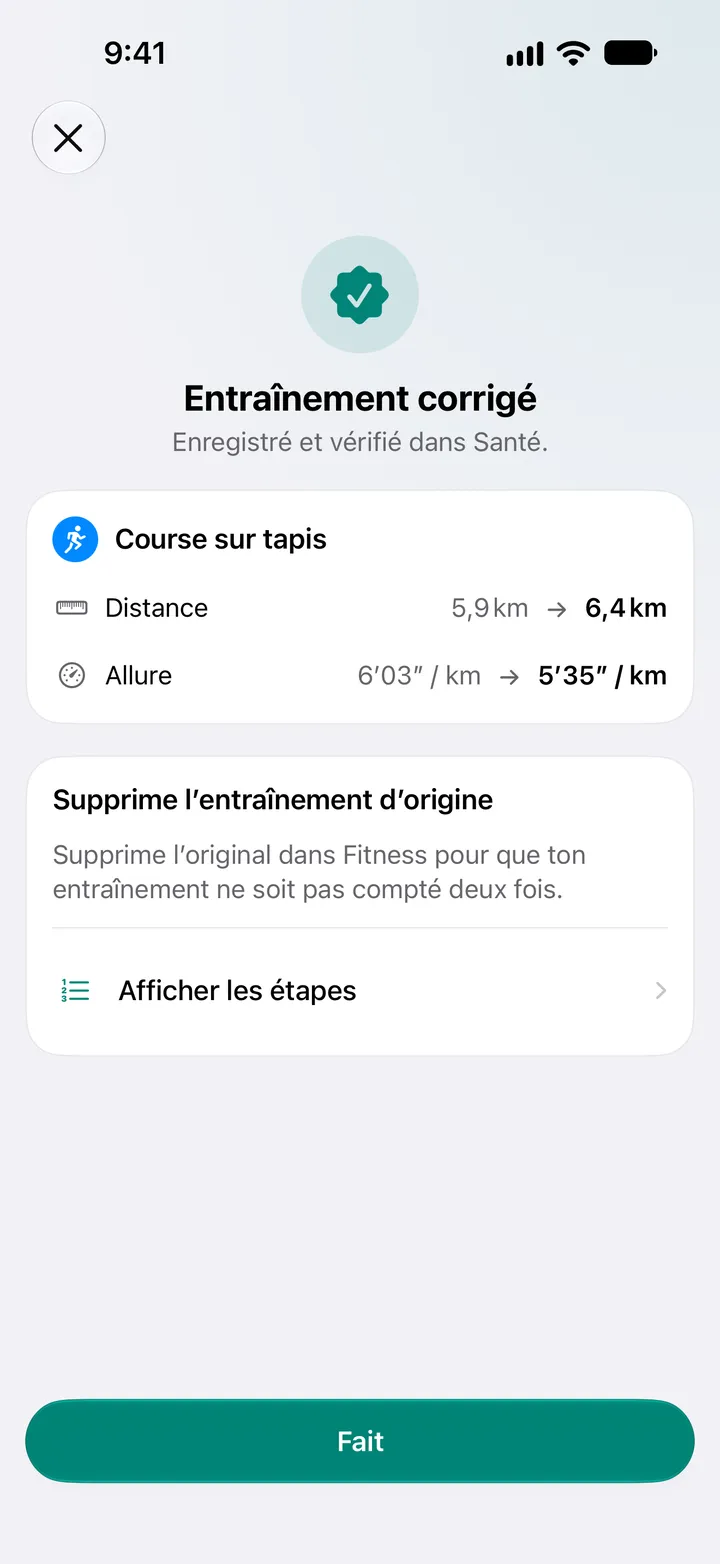 Entraînement corrigé, enregistré et vérifié dans Santé. Distance de la course sur tapis passée de 5,9 km à 6,4 km, allure de 6′03″ à 5′35″ par kilomètre.