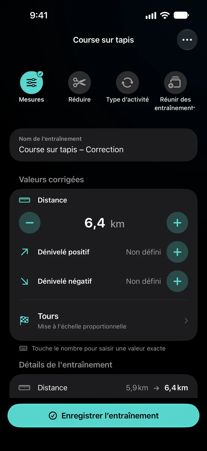 Éditeur de « Course sur tapis – Correction » avec la distance réglée sur 6,4 km, les tours en « Mise à l’échelle proportionnelle » et les détails de l’entraînement passant de 5,9 km à 6,4 km.