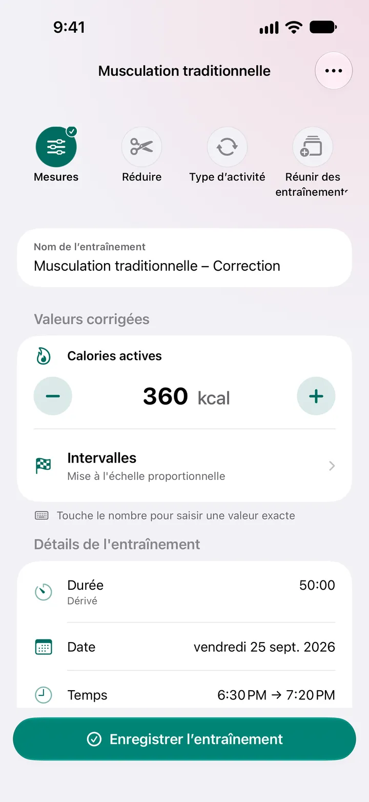 « Musculation traditionnelle – Correction » avec des calories actives réglées sur 360 kcal et une durée de 50:00.