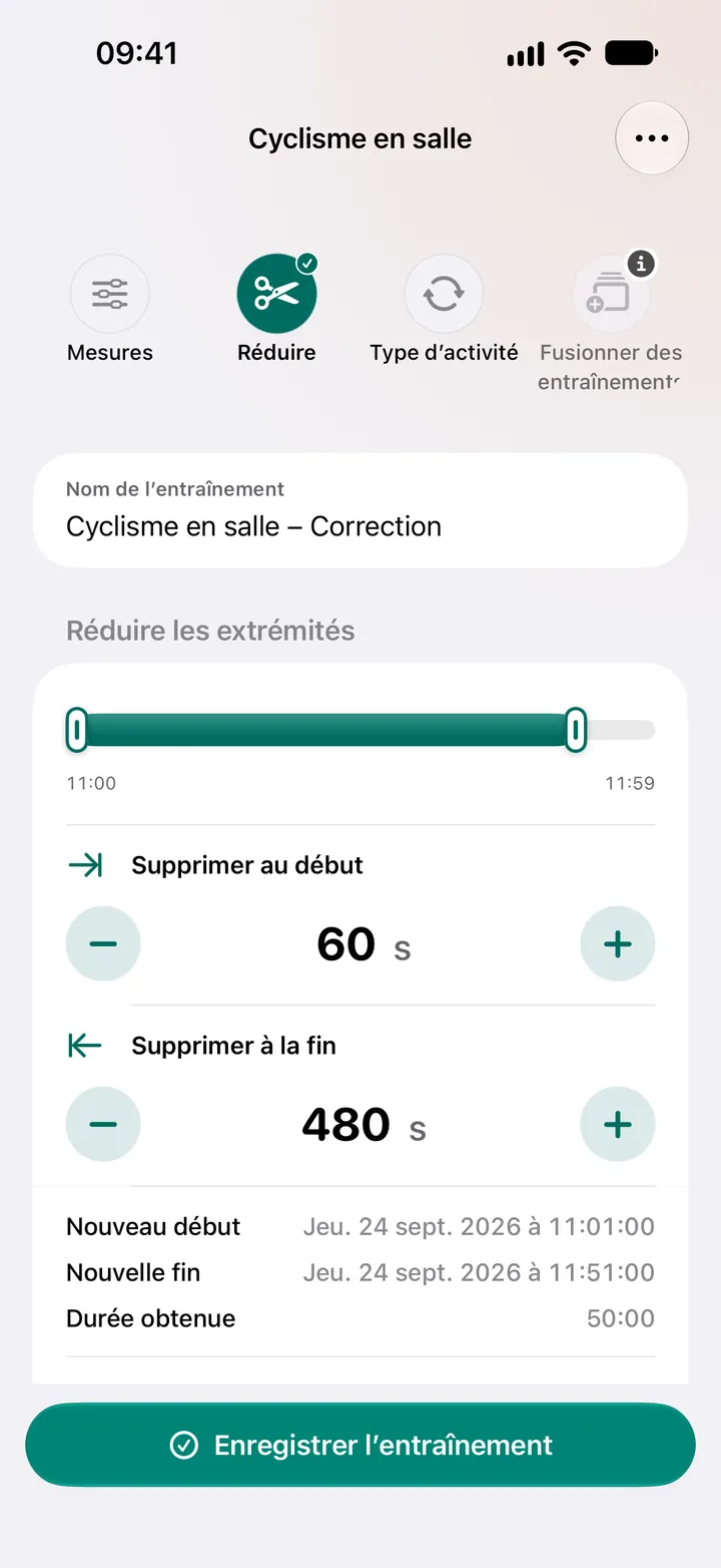 « Réduire les extrémités » sur une séance de cyclisme en salle : 60 secondes supprimées au début et 480 secondes à la fin, pour une durée de 50:00.