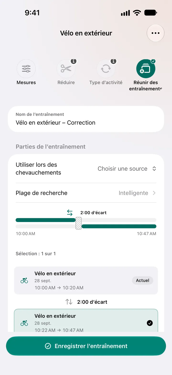 Deux sorties à vélo en extérieur à deux minutes d’écart, de 10:00 à 10:20 et de 10:22 à 10:47, sélectionnées pour la fusion, avec le choix de la source à utiliser lors des chevauchements.