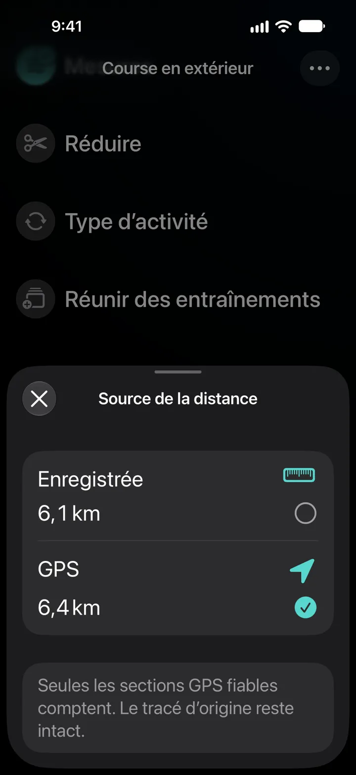 Source de la distance d’une course en extérieur : 6,1 km enregistrés ou 6,4 km par GPS, GPS sélectionné. Seules les sections GPS fiables comptent.