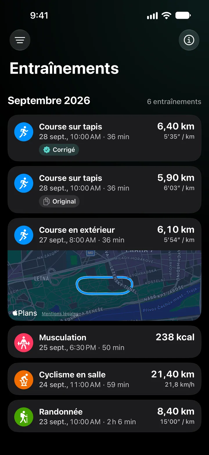 Liste des entraînements de septembre 2026 : la course sur tapis corrigée (6,40 km) au-dessus de l’original (5,90 km), puis une course en extérieur avec son itinéraire, une séance de musculation, du cyclisme en salle et une randonnée.