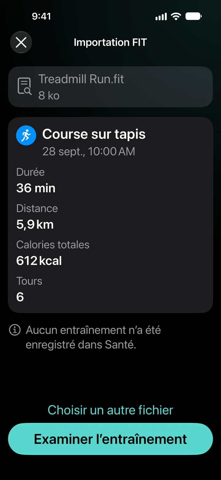 Aperçu de l’importation FIT de Treadmill Run.fit : 36 minutes, 5,9 km, 612 kcal, 6 tours. Aucun entraînement n’a été enregistré dans Santé.