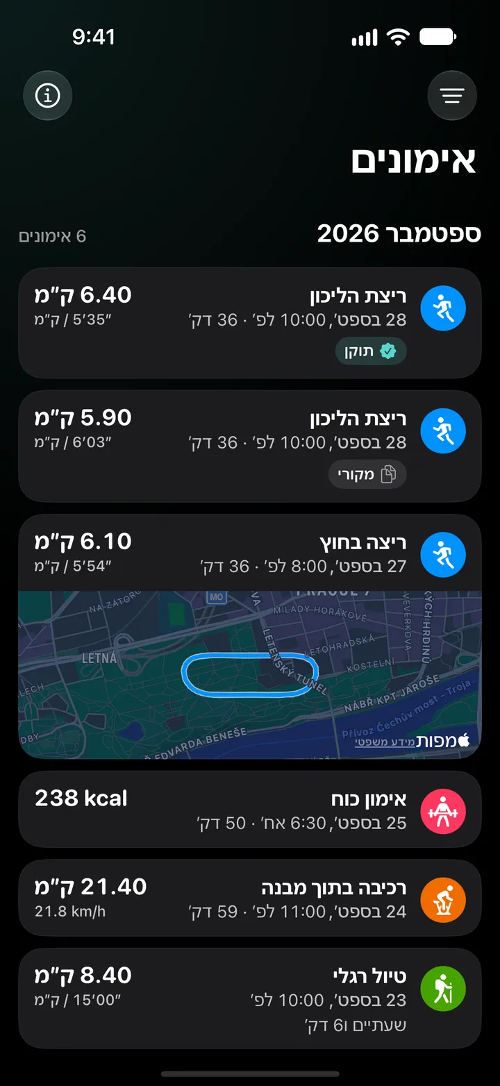 רשימת אימונים לספטמבר 2026: הריצה על הליכון המתוקנת עם 6.40 ק״מ מעל המקור עם 5.90 ק״מ, ואחריהן ריצה בחוץ עם מסלול, אימון כוח, רכיבה על אופניים בפנים וטיול.
