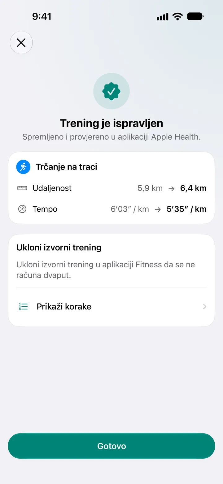 Trening je ispravljen, spremljen i provjeren u Zdravlju. Udaljenost trčanja na traci promijenjena je s 5,9 km na 6,4 km, a tempo sa 6′03″ na 5′35″ po kilometru.