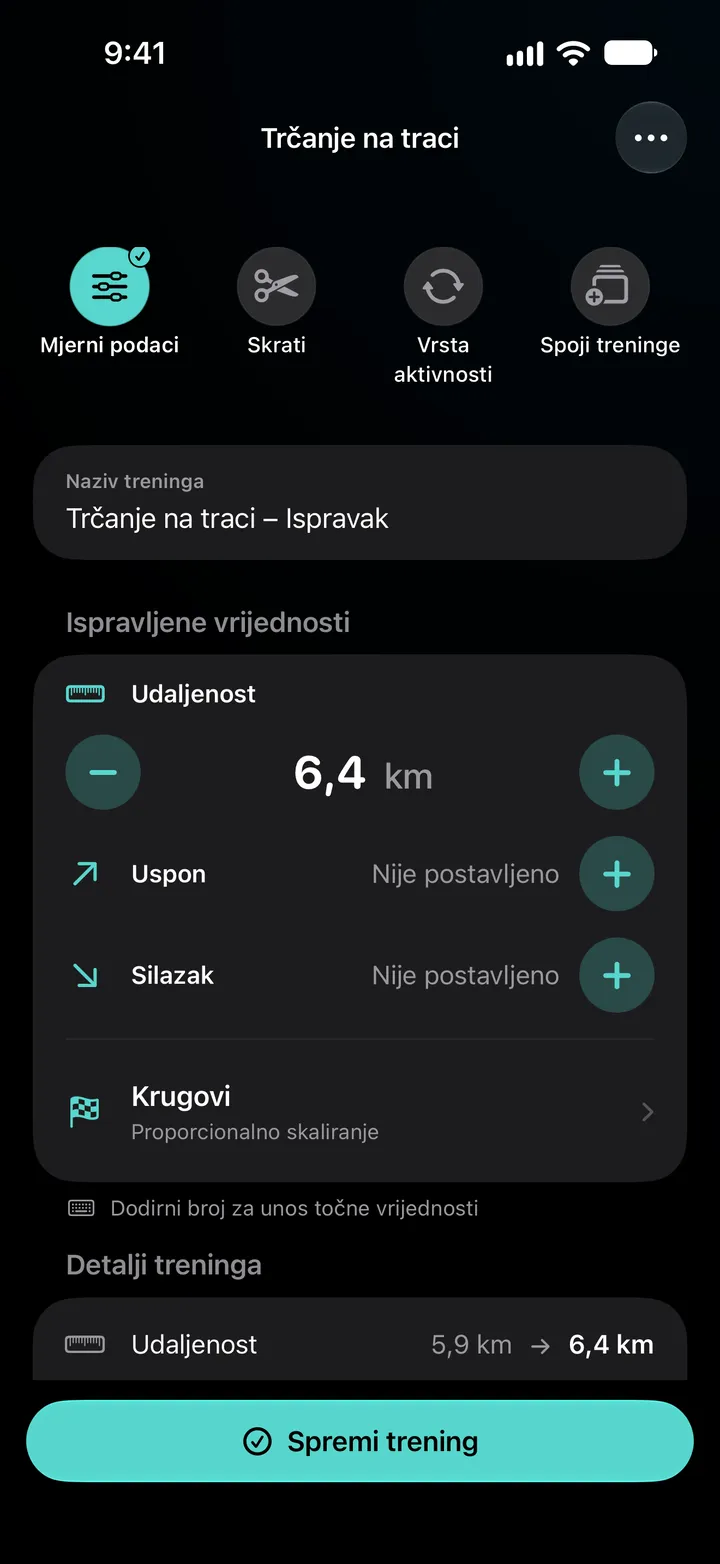 Uređivač treninga Trčanje na traci – Ispravak: udaljenost je postavljena na 6,4 km, krugovi su raspoređeni proporcionalnim skaliranjem, a pojedinosti treninga pokazuju promjenu s 5,9 km na 6,4 km.