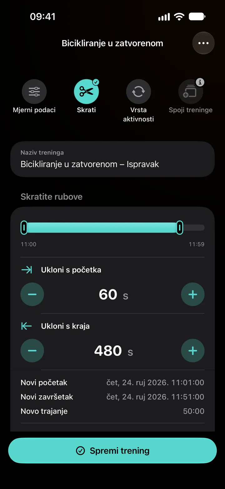 Uređivač skraćivanja za bicikliranje u zatvorenom: 60 sekundi uklonjeno s početka i 480 sekundi s kraja, trajanje 50:00.