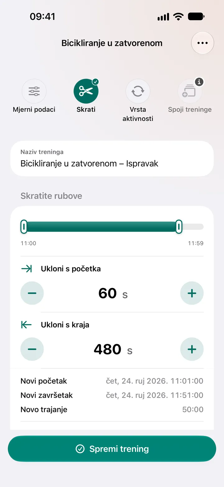 Uređivač skraćivanja za bicikliranje u zatvorenom: 60 sekundi uklonjeno s početka i 480 sekundi s kraja, trajanje 50:00.