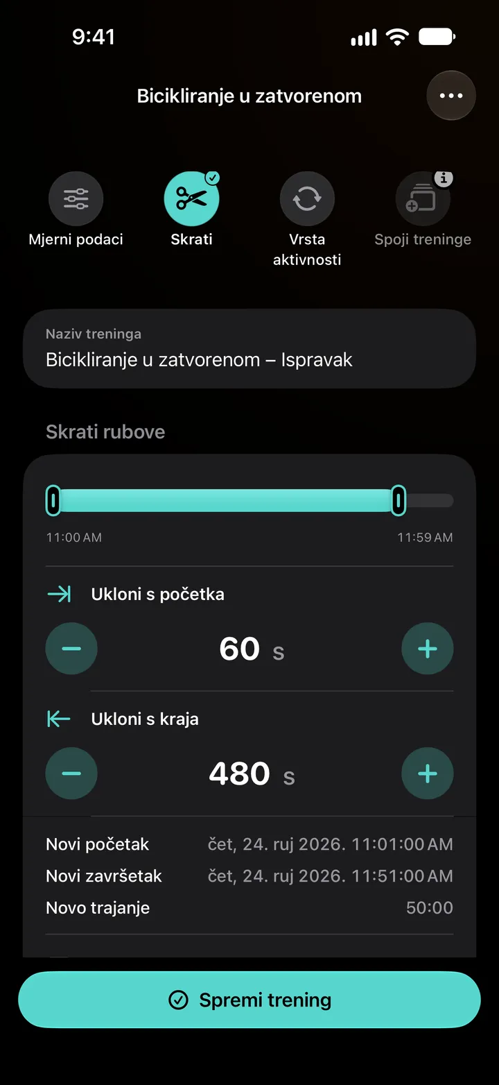 Skraćivanje rubova vožnje u zatvorenom: 60 sekundi uklonjeno s početka i 480 s kraja, novi početak 11:01, novi završetak 11:51, novo trajanje 50:00.