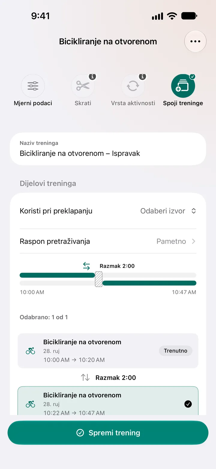 Dvije vožnje biciklom na otvorenom u razmaku od dvije minute, 10:00–10:20 i 10:22–10:47, odabrane za spajanje, s izborom izvora ondje gdje se preklapaju.