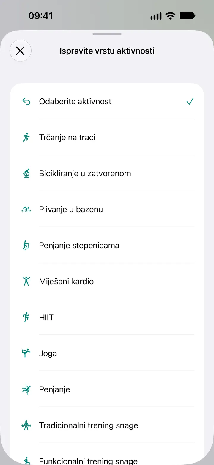 Popis „Ispravite vrstu aktivnosti“ u aplikaciji Fix My Workout: trčanje na traci, bicikliranje u zatvorenom, plivanje u bazenu, penjanje stepenicama, miješani kardio, HIIT, joga, penjanje i trening snage.