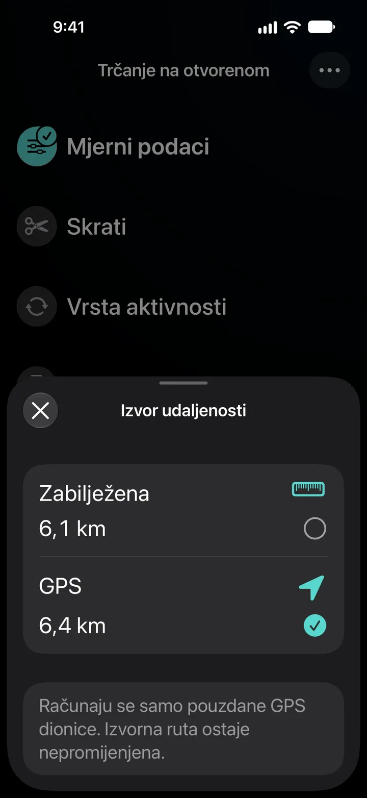 Izvor udaljenosti za trčanje na otvorenom: zabilježena 6,1 km ili GPS 6,4 km, odabran je GPS. Računaju se samo pouzdani dijelovi GPS rute.