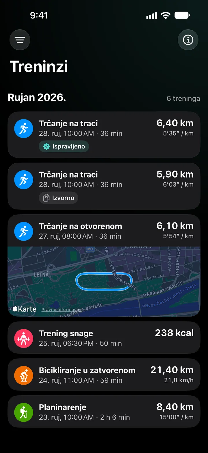 Popis treninga za rujan 2026.: ispravljeno trčanje na traci sa 6,40 km iznad izvornog treninga s 5,90 km, zatim trčanje na otvorenom s rutom, trening snage, bicikliranje u zatvorenom i planinarenje.