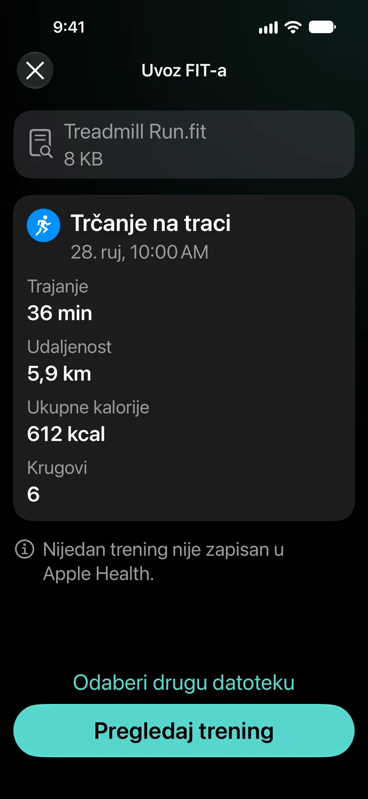 Pregled uvoza FIT-a za datoteku Treadmill Run.fit: 36 minuta, 5,9 km, 612 kcal, 6 krugova. Nijedan trening nije zapisan u Zdravlje.