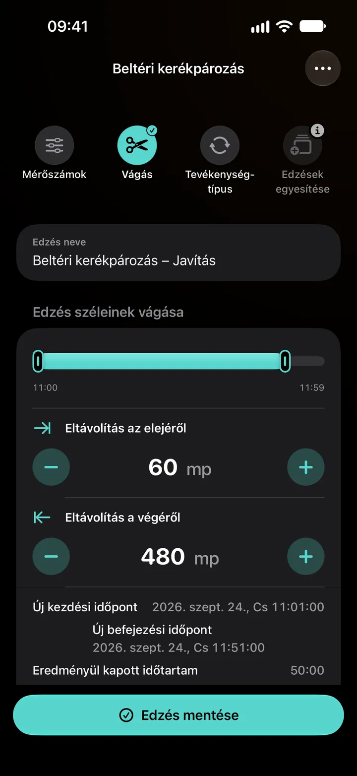 Egy beltéri kerékpáros edzés vágószerkesztője: 60 másodperc eltávolítva az elejéről és 480 másodperc a végéről, így az időtartam 50:00.