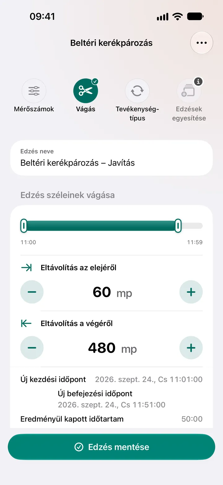 Egy beltéri kerékpáros edzés vágószerkesztője: 60 másodperc eltávolítva az elejéről és 480 másodperc a végéről, így az időtartam 50:00.