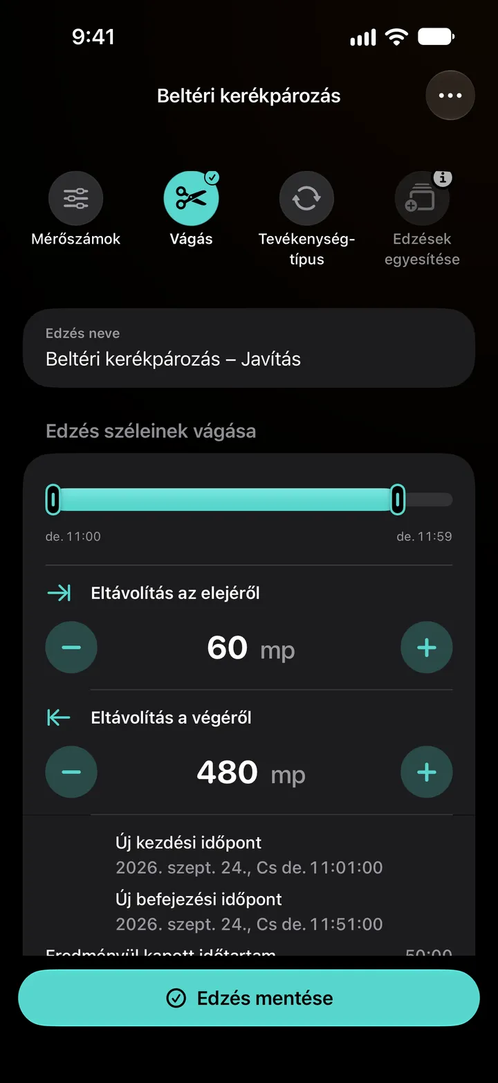 Egy beltéri tekerés széleinek vágása: 60 másodperc eltávolítva az elejéről és 480 a végéről, új kezdés 11:01, új befejezés 11:51, eredményül kapott időtartam 50:00.