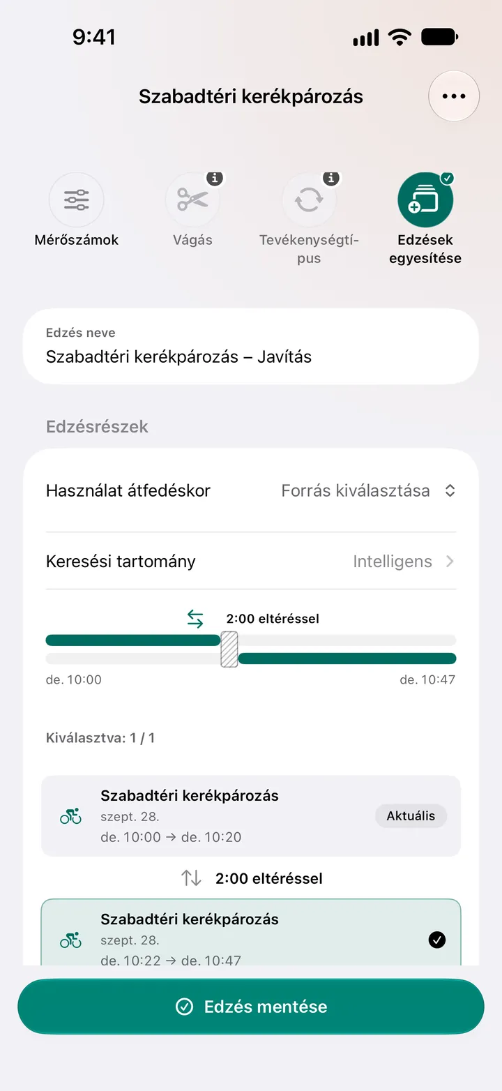 Két szabadtéri tekerés két perc különbséggel, 10:00–10:20 és 10:22–10:47, egyesítésre kijelölve, az átfedésnél választható forrással.