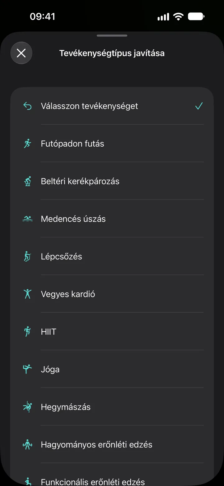 A „Tevékenységtípus javítása” lista a Fix My Workoutban: futópadon futás, beltéri kerékpározás, medencés úszás, lépcsőzés, vegyes kardió, HIIT, jóga, hegymászás és erőnléti edzés.