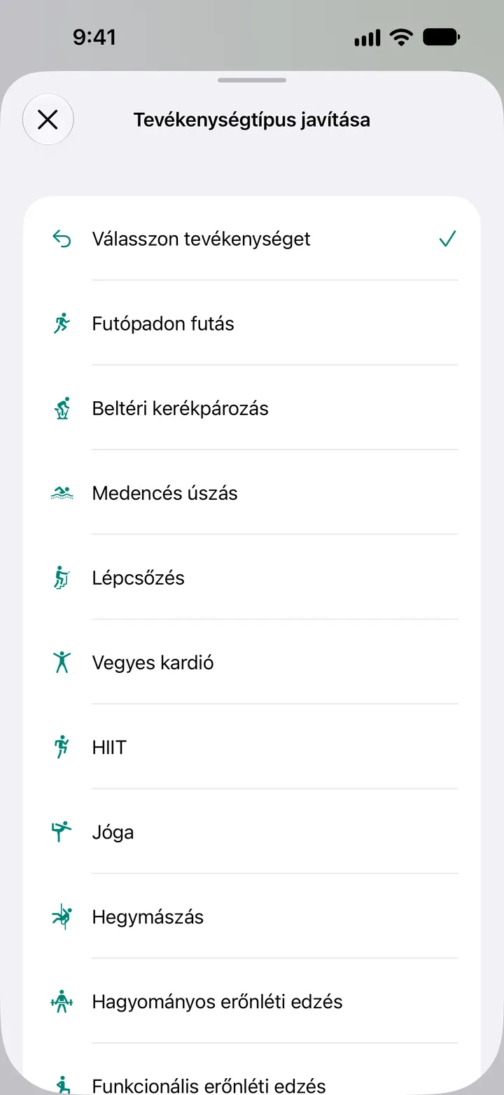 A Tevékenységtípus javítása lista: futópadon futás, beltéri kerékpározás, medencés úszás, lépcsőzés, vegyes kardió, HIIT, jóga, mászás és erősítő edzés.