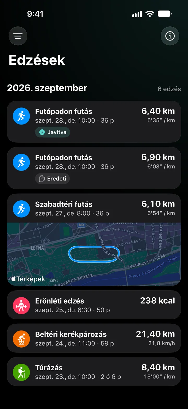 Edzéslista 2026 szeptemberéből: a javított futópados futás 6,40 km-rel az 5,90 km-es eredeti fölött, alatta egy szabadtéri futás útvonallal, erősítő edzés, beltéri kerékpározás és egy túra.