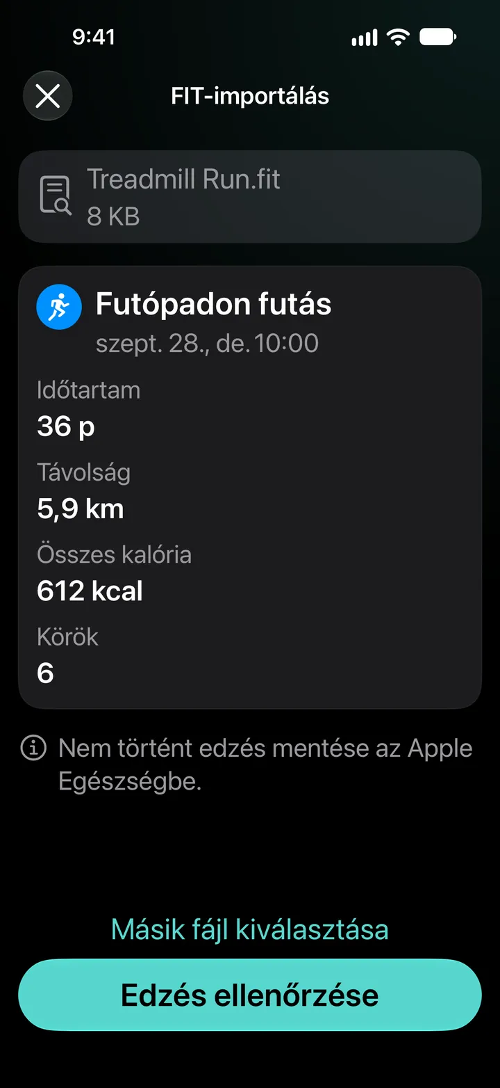 A FIT-fájl importálása előnézet a Treadmill Run.fit fájlhoz: 36 perc, 5,9 km, 612 kcal, 6 kör. Nem történt edzés mentése az Egészség appba.