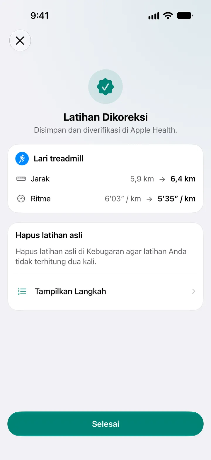 Olahraga Dikoreksi, disimpan dan diverifikasi di Kesehatan. Jarak lari treadmill diubah dari 5,9 km menjadi 6,4 km, laju dari 6′03″ menjadi 5′35″ per kilometer.