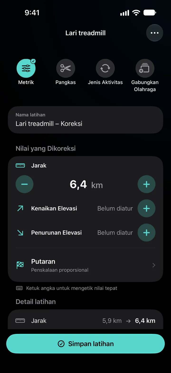 Editor “Lari Treadmill – Koreksi” dengan jarak diatur ke 6,4 km, putaran dibagi dengan “Sebar Merata”, dan detail olahraga menunjukkan 5,9 km diubah menjadi 6,4 km.