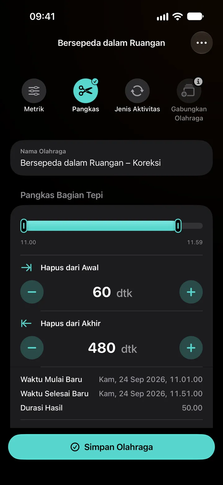 Editor “Pangkas” untuk olahraga bersepeda dalam ruangan: 60 detik dihapus dari awal dan 480 detik dari akhir, dengan durasi 50:00.