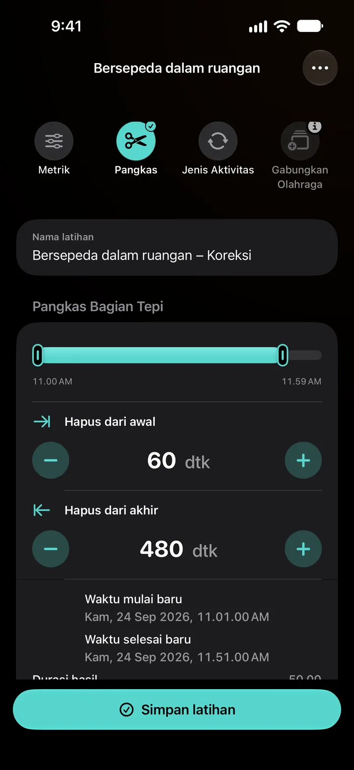 Pangkas tepi sesi bersepeda dalam ruangan: 60 detik dihapus dari awal dan 480 dari akhir, awal baru 11:01, akhir baru 11:51, durasi hasil 50:00.