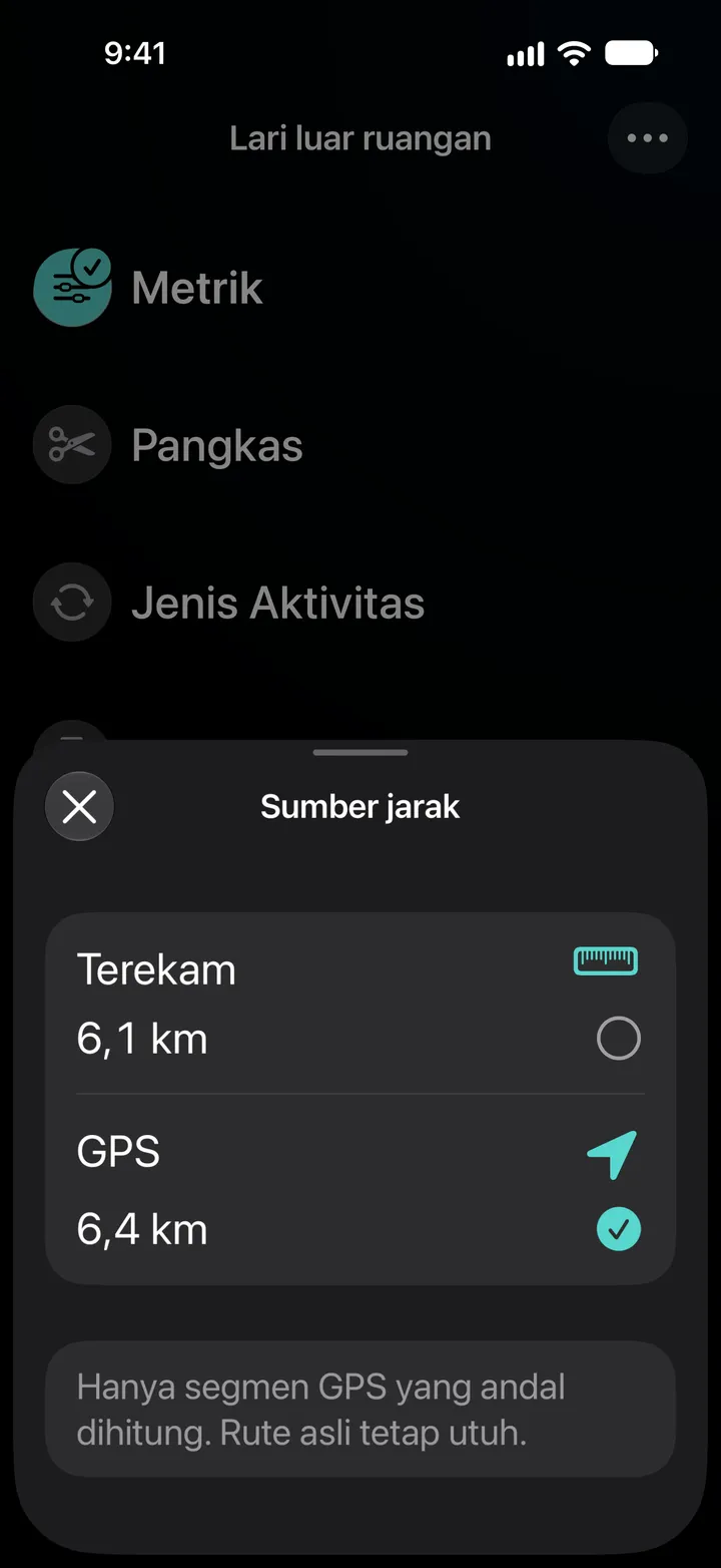 Sumber jarak lari luar ruangan: terekam 6,1 km atau GPS 6,4 km, dengan GPS dipilih. Hanya segmen GPS yang andal dihitung.