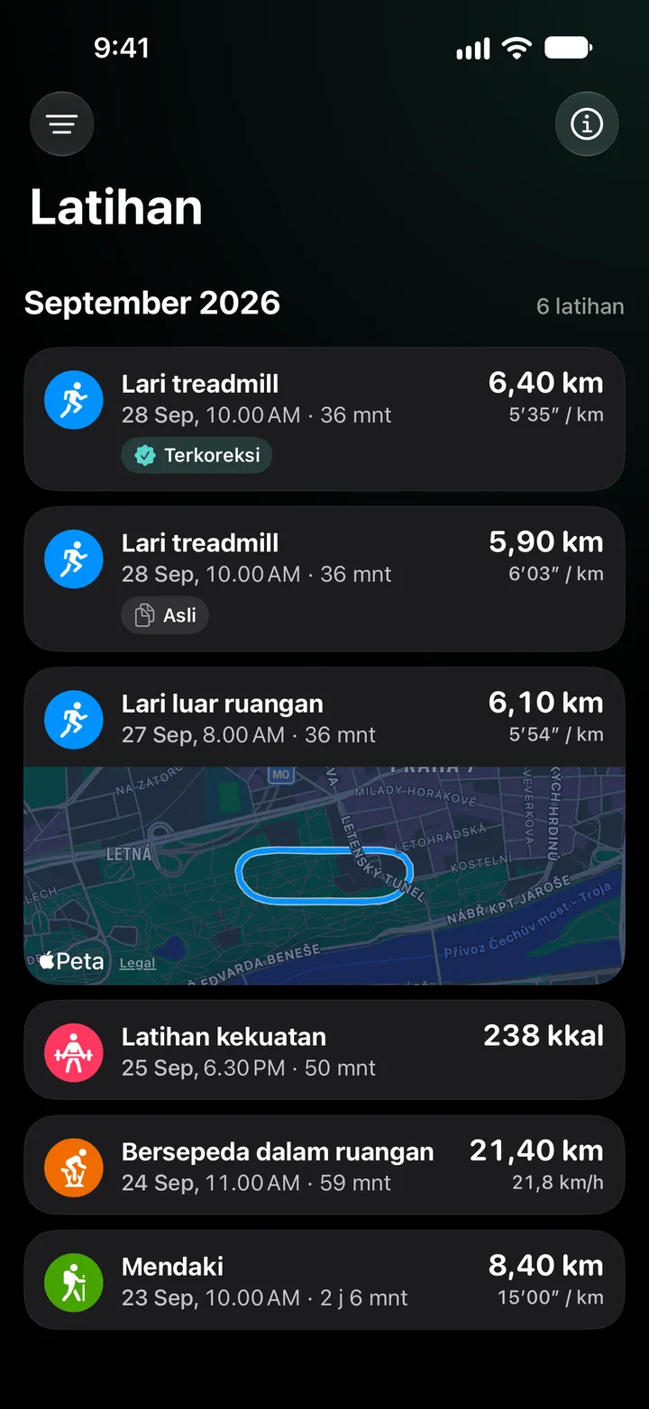 Daftar olahraga September 2026: lari treadmill yang dikoreksi dengan 6,40 km di atas aslinya dengan 5,90 km, lalu lari luar ruangan dengan rute, latihan kekuatan, bersepeda dalam ruangan, dan mendaki.
