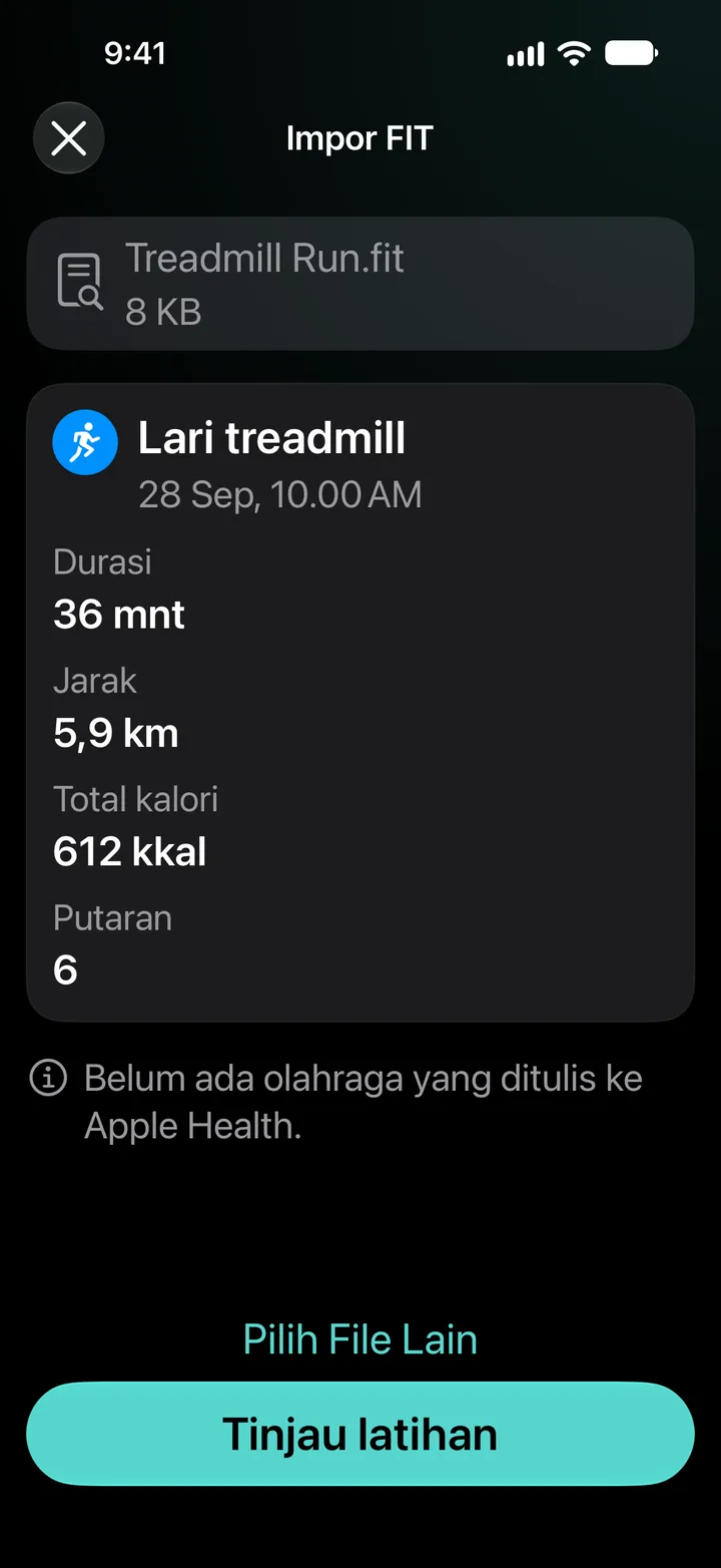 Pratinjau Impor FIT untuk Treadmill Run.fit: 36 menit, 5,9 km, 612 kkal, 6 putaran. Belum ada olahraga yang ditulis ke Kesehatan.