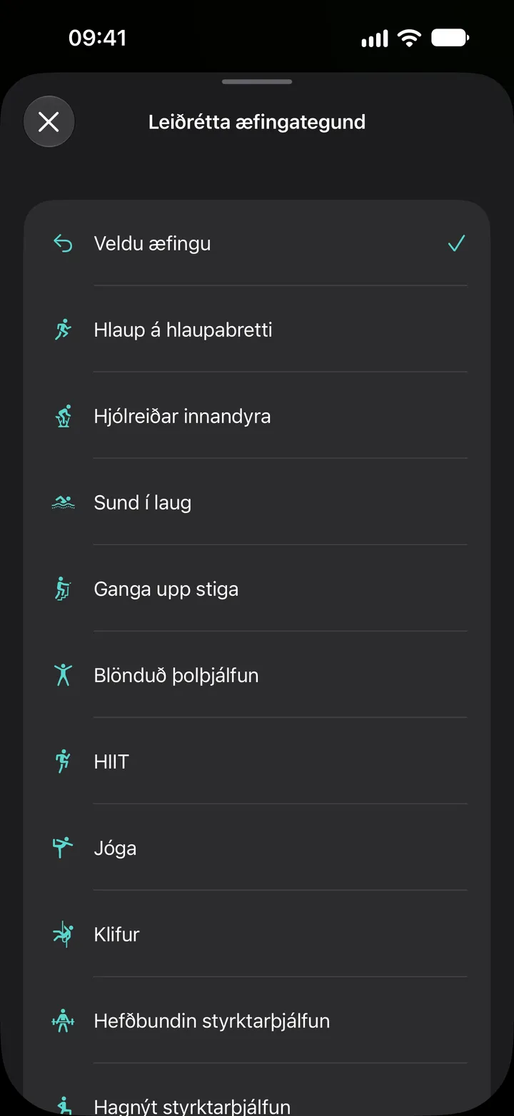 Listinn „Leiðrétta æfingategund“ í Fix My Workout: hlaup á hlaupabretti, hjólreiðar innandyra, sund í laug, ganga upp stiga, blönduð þolþjálfun, HIIT, jóga, klifur og styrktarþjálfun.