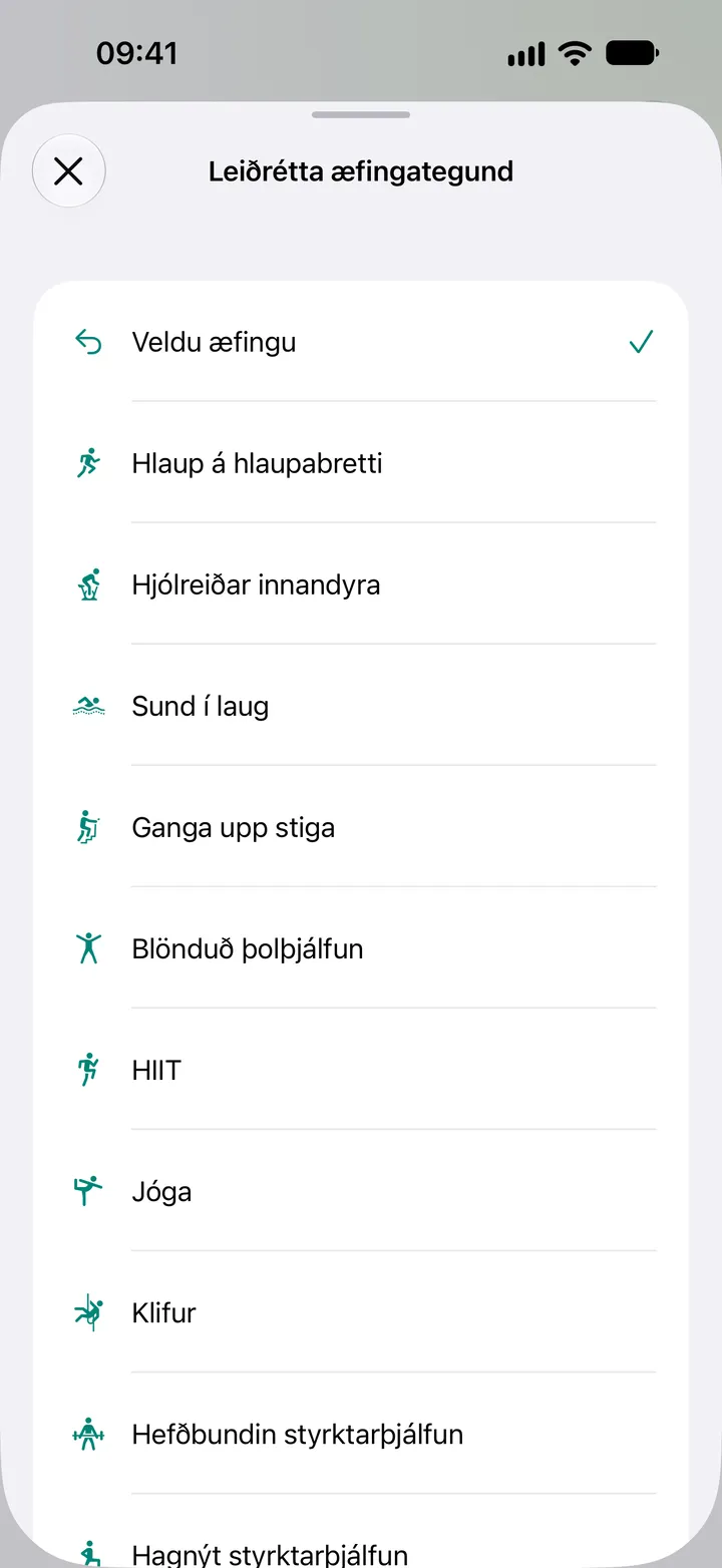 Listinn „Leiðrétta æfingategund“ í Fix My Workout: hlaup á hlaupabretti, hjólreiðar innandyra, sund í laug, ganga upp stiga, blönduð þolþjálfun, HIIT, jóga, klifur og styrktarþjálfun.