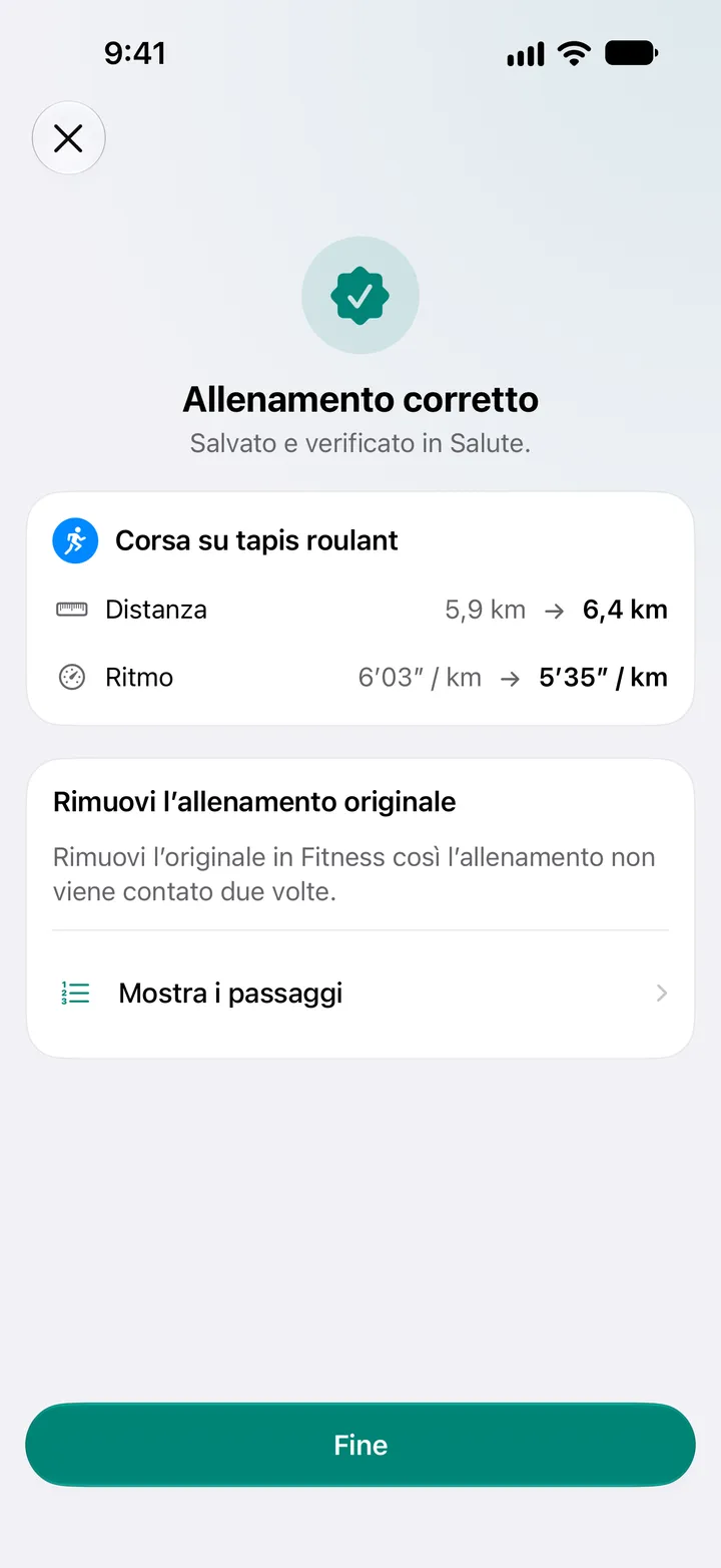 Allenamento corretto, salvato e verificato in Salute. Distanza della corsa su tapis roulant cambiata da 5,9 km a 6,4 km, ritmo da 6′03″ a 5′35″ al chilometro.