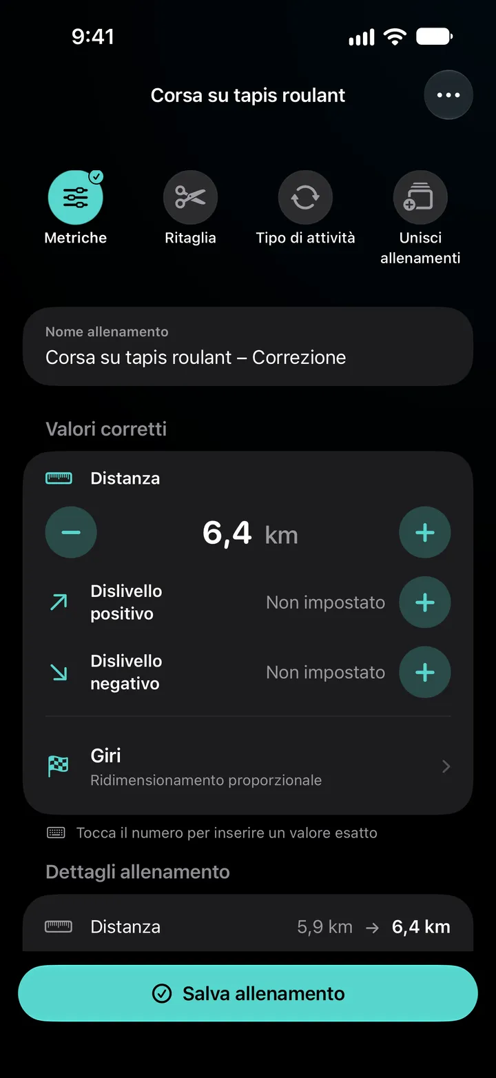 Editor di Corsa su tapis roulant – Correzione con la distanza impostata su 6,4 km, giri distribuiti uniformemente e i dettagli dell’allenamento che mostrano 5,9 km cambiati in 6,4 km.
